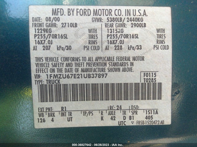 2001 Ford Explorer Sport Trac მანქანა იყიდება აუქციონზე, vin: 1FMZU67E21UB37897, აუქციონის ნომერი: 36827642