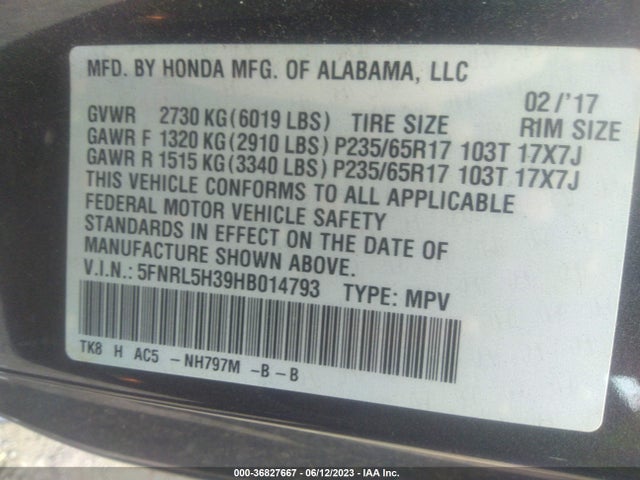 Honda ODYSSEY SE 2017 5FNRL5H39HB014793 Image 9