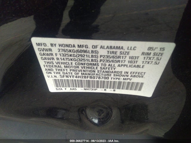 2015 HONDA PILOT LX VIN: 5FNYF4H28FB078700