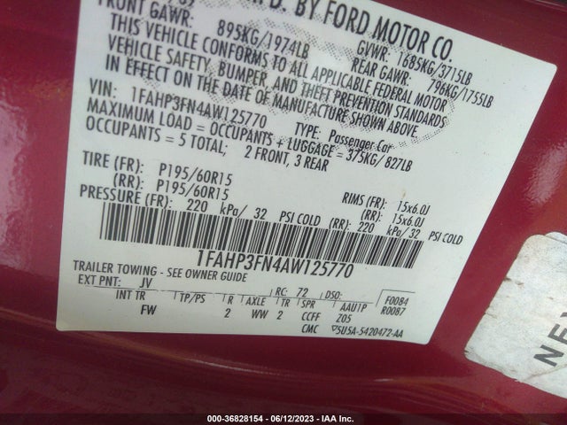 2010 FORD FOCUS SE VIN: 1FAHP3FN4AW125770