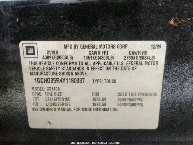 2000 CHEVROLET EXPRESS CARGO VAN VIN: 1GCHG35R4Y1180337