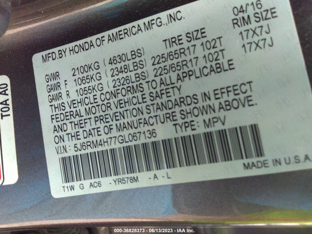 Honda Cr-v Ex-l 2016 5J6RM4H77GL067136 Image 9