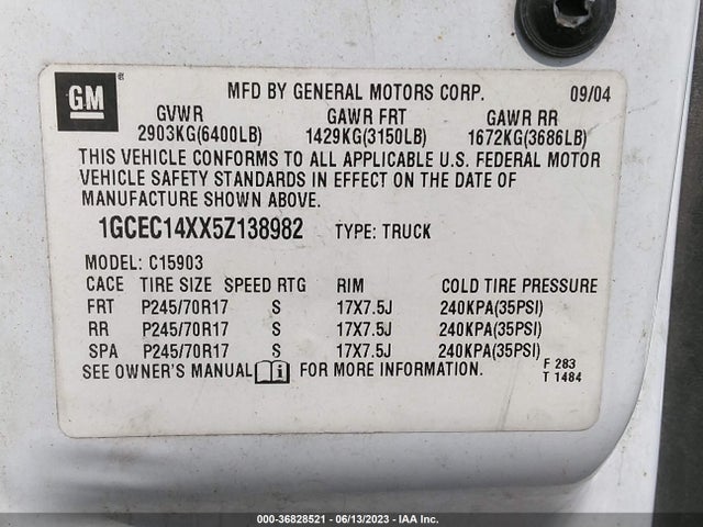 2005 CHEVROLET SILVERADO 1500 WORK TRUCK VIN: 1GCEC14XX5Z138982