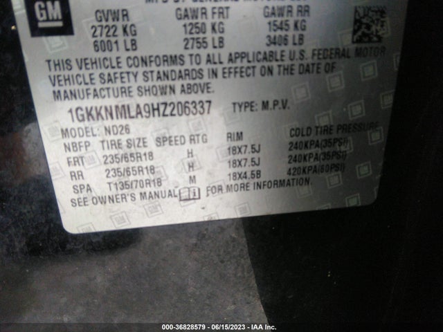 GMC ACADIA SLT 2017 1GKKNMLA9HZ206337 Image 9