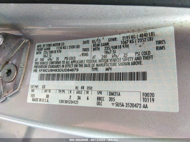 2013 FORD ESCAPE SEL VIN: 1FMCU9H93DUD84679