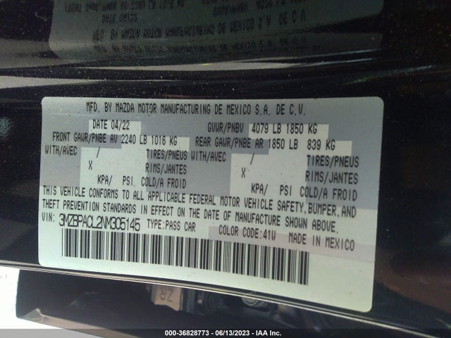 2022 MAZDA MAZDA3 SEDAN PREFERRED VIN: 3MZBPACL2NM305145