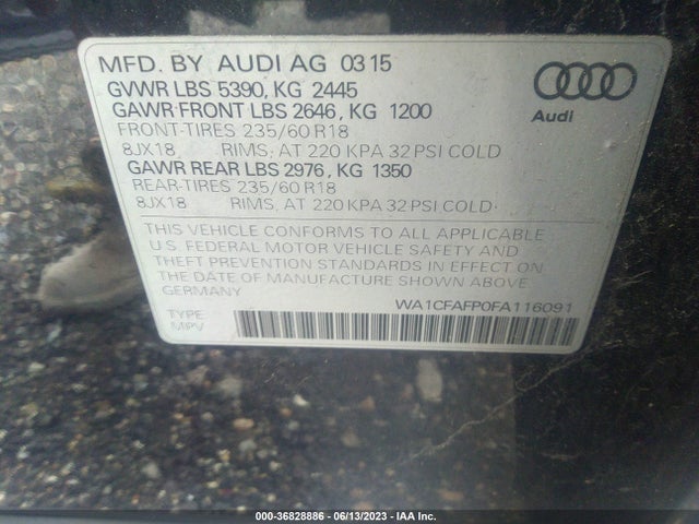 2015 AUDI Q5 PREMIUM VIN: WA1CFAFP0FA116091