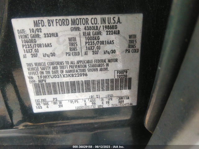 2003 FORD ESCAPE XLT VIN: 1FMYU031X3KB22896