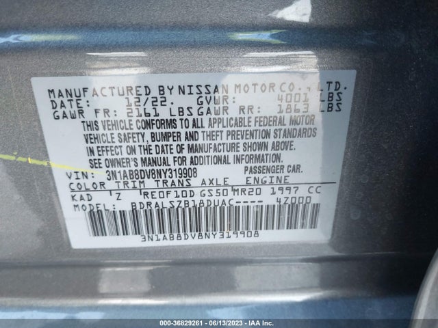 2022 NISSAN SENTRA SR VIN: 3N1AB8DV8NY319908