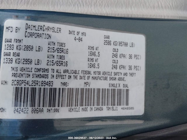 2005 CHRYSLER TOWN & COUNTRY TOURING VIN: 2C8GP54L25R189483