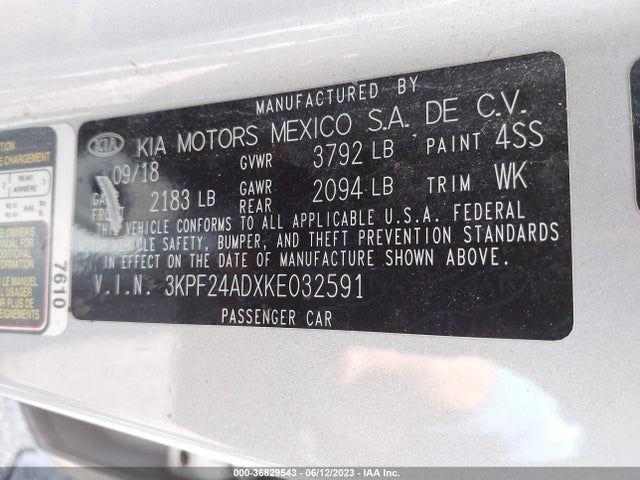 2019 KIA FORTE LXS VIN: 3KPF24ADXKE032591