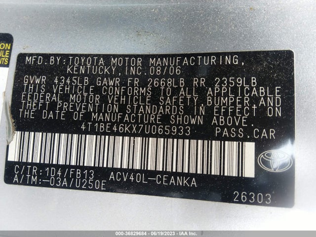 2007 TOYOTA CAMRY CE/LE/SE/XLE VIN: 4T1BE46KX7U065933
