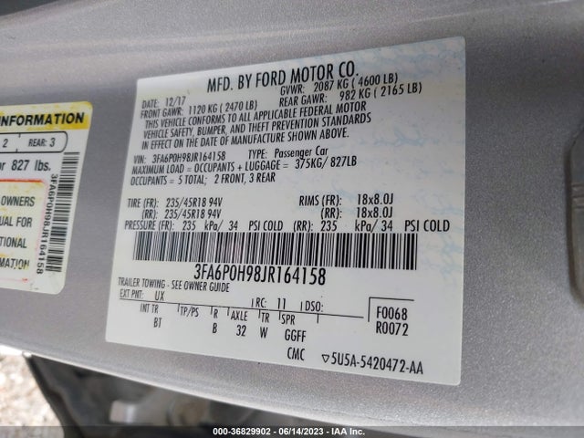 Ford FUSION SE 2018 3FA6P0H98JR164158 Image 9