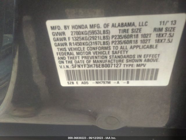 Honda Pilot Ex-l 2014 5FNYF3H76EB007127 Image 9