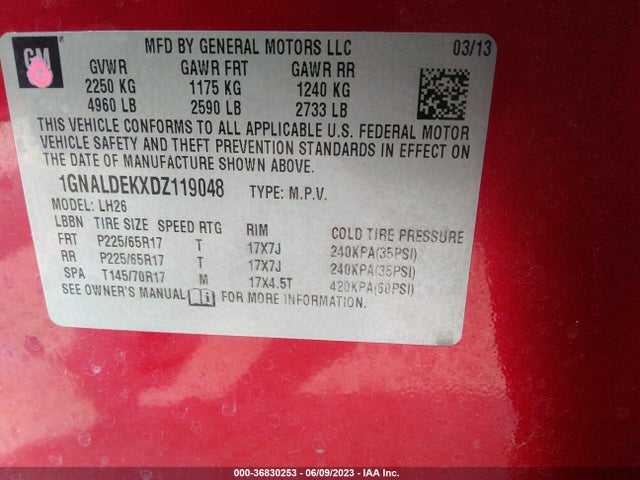 2013 CHEVROLET EQUINOX LT VIN: 1GNALDEKXDZ119048