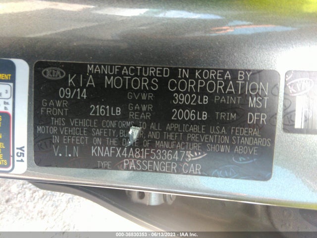 2015 KIA FORTE EX VIN: KNAFX4A81F5336475