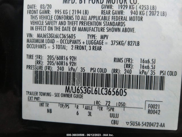 2020 FORD ECOSPORT SE VIN: MAJ6S3GL6LC365605