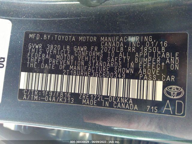 Toyota Corolla L/le/s/s Plus/le Plus 2016 2T1BURHE3GC600349 Image 9