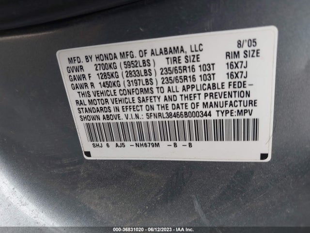 2006 HONDA ODYSSEY EX VIN: 5FNRL38466B000344