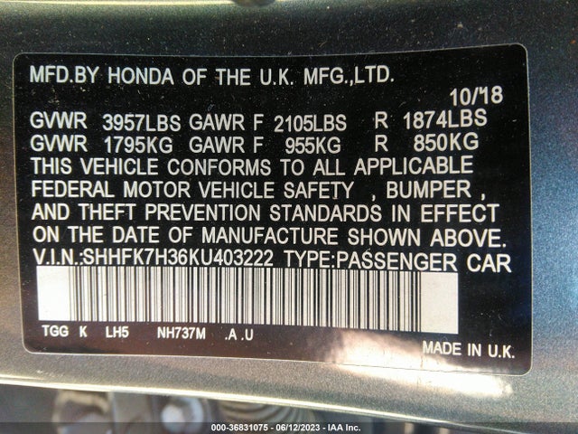 Honda Civic Hatchback Lx 2019 SHHFK7H36KU403222 Image 10