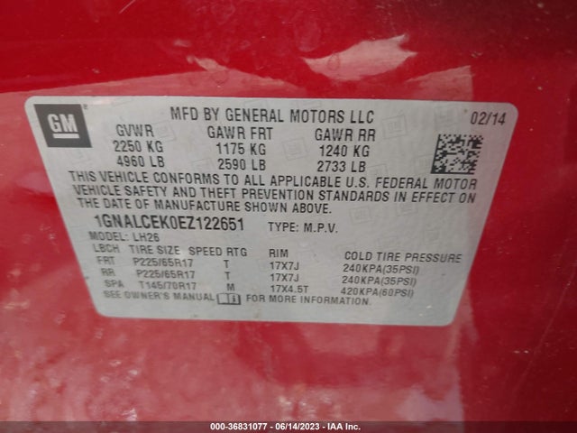 Chevrolet EQUINOX LT 2014 1GNALCEK0EZ122651 Image 9