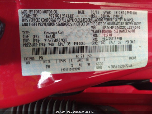2012 FORD FOCUS SEL VIN: 1FAHP3M22CL274546