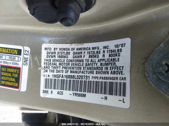 2008 HONDA CIVIC SDN EX VIN: 1HGFA16888L020731