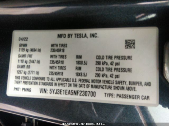 5YJ3E1EA5NF230700 Tesla MODEL 3
