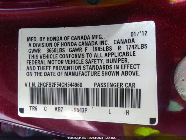 2012 HONDA CIVIC SDN LX VIN: 2HGFB2F54CH544960