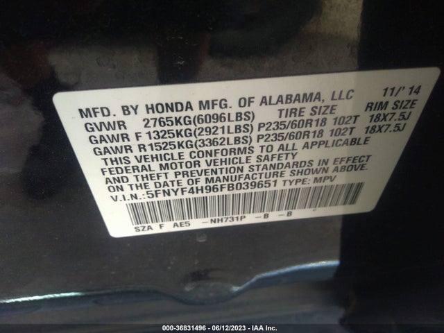 Honda Pilot Touring 2015 5FNYF4H96FB039651 Image 10
