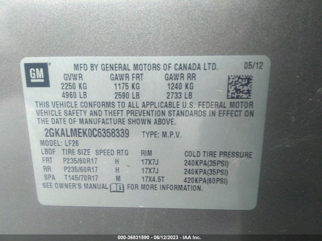 2012 GMC TERRAIN SLE-1 VIN: 2GKALMEK0C6358339
