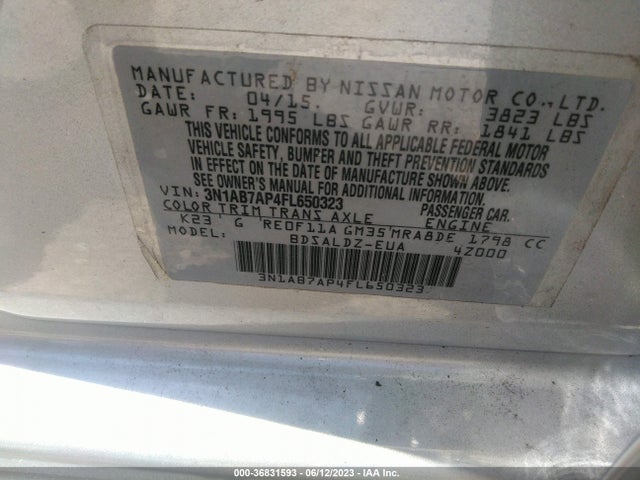 2015 NISSAN SENTRA SV VIN: 3N1AB7AP4FL650323