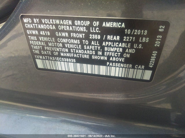 2014 VOLKSWAGEN PASSAT S VIN: 1VWAT7A31EC038935
