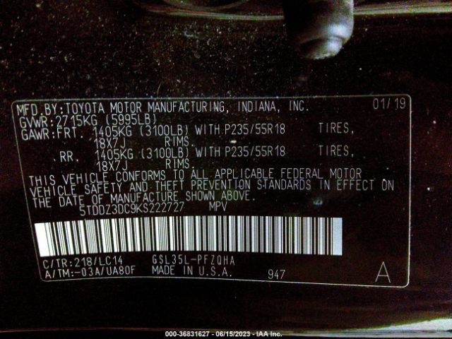 5TDDZ3DC9KS222727 Toyota SIENNA XLE