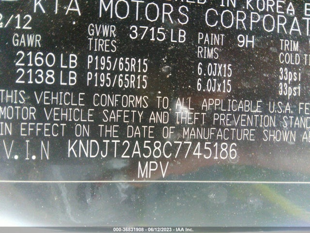 2012 KIA SOUL BASE VIN: KNDJT2A58C7745186