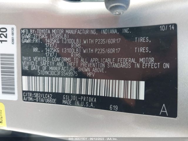 Toyota Sienna Xle/xle Aas/ltd 2015 5TDYK3DC3FS549975 Image 11
