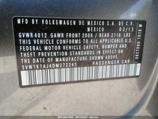 2013 VOLKSWAGEN JETTA SEDAN S VIN: 3VW1K7AJ4DM272243