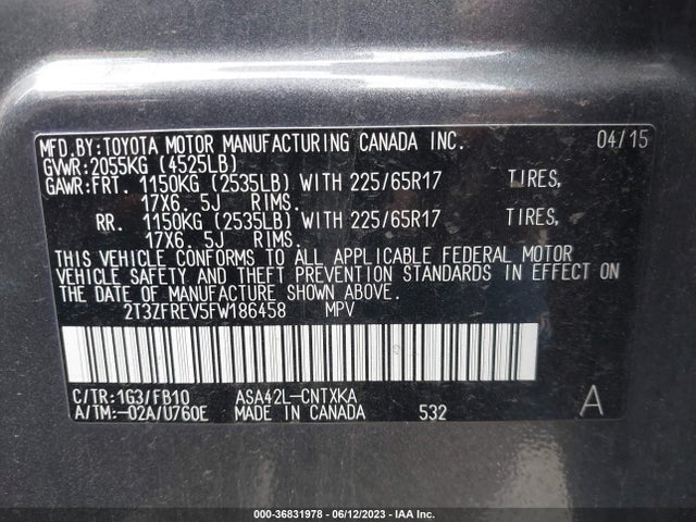 2015 TOYOTA RAV4 LE VIN: 2T3ZFREV5FW186458