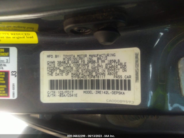 Продажа на аукционе авто 2013 Toyota Corolla S, vin: 5YFBU4EE7DP078117, номер лота: 36832299