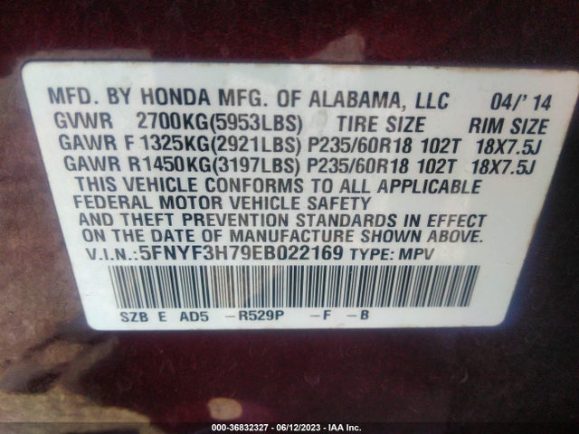 Honda Pilot Ex-l 2014 5FNYF3H79EB022169 Image 9