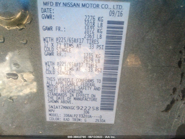 2016 NISSAN ROGUE S VIN: 5N1AT2MNXGC922258