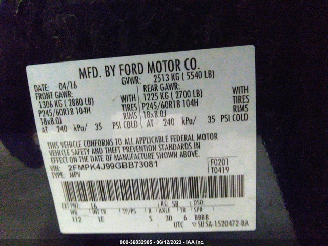 2016 FORD EDGE SEL VIN: 2FMPK4J99GBB73081