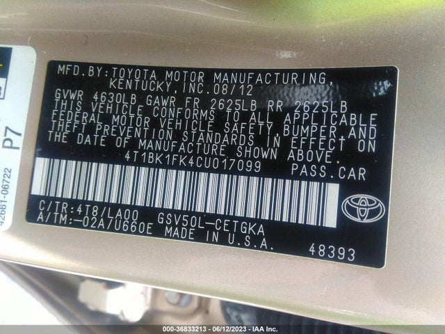 2012 TOYOTA CAMRY XLE VIN: 4T1BK1FK4CU017099