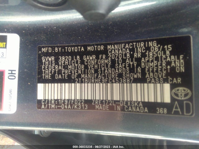 2015 TOYOTA COROLLA L/LE/S/S PLUS/LE PLUS VIN: 2T1BURHE9FC453887