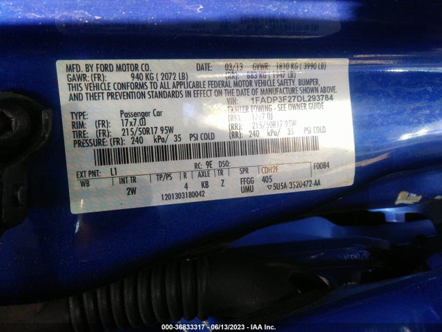 2013 FORD FOCUS SE VIN: 1FADP3F27DL293784