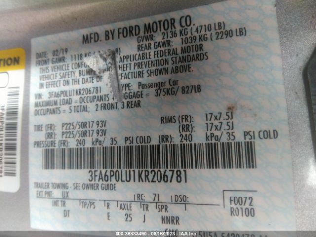 3FA6P0LU1KR206781 Ford Fusion Hybrid Se