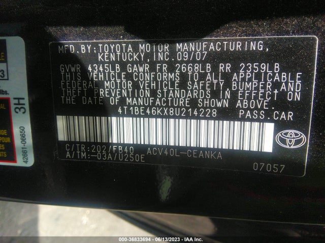 2008 TOYOTA CAMRY VIN: 4T1BE46KX8U214228