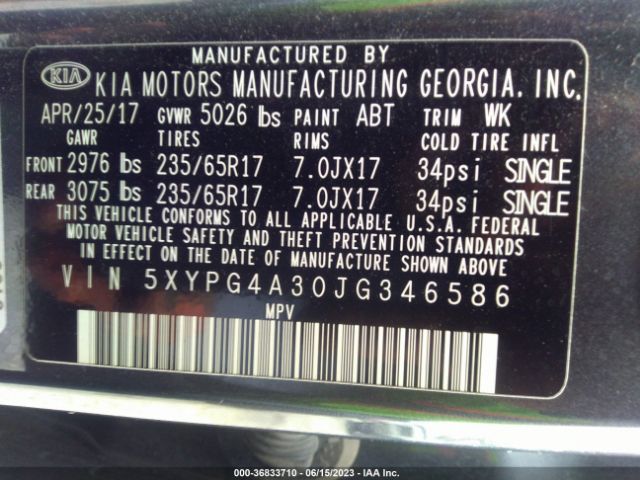 5XYPG4A30JG346586 KIA SORENTO LX