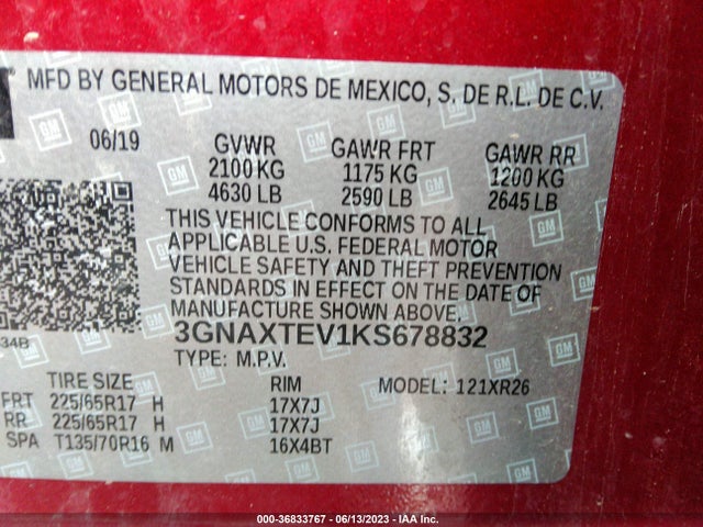 2019 CHEVROLET EQUINOX LT VIN: 3GNAXTEV1KS678832