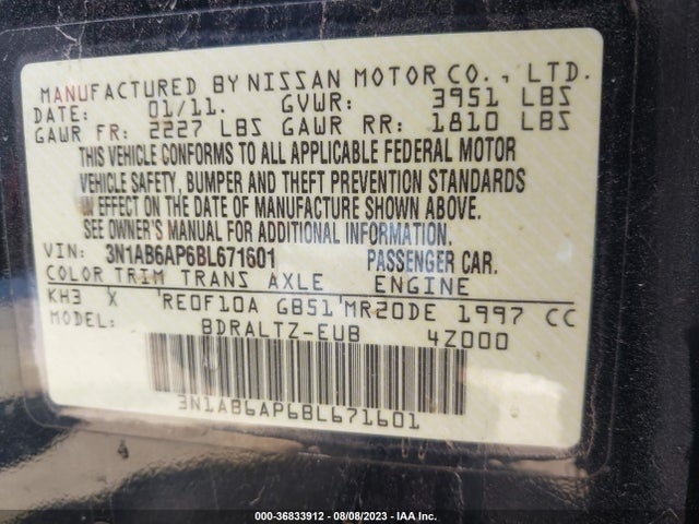 2011 NISSAN SENTRA 2.0 S VIN: 3N1AB6AP6BL671601